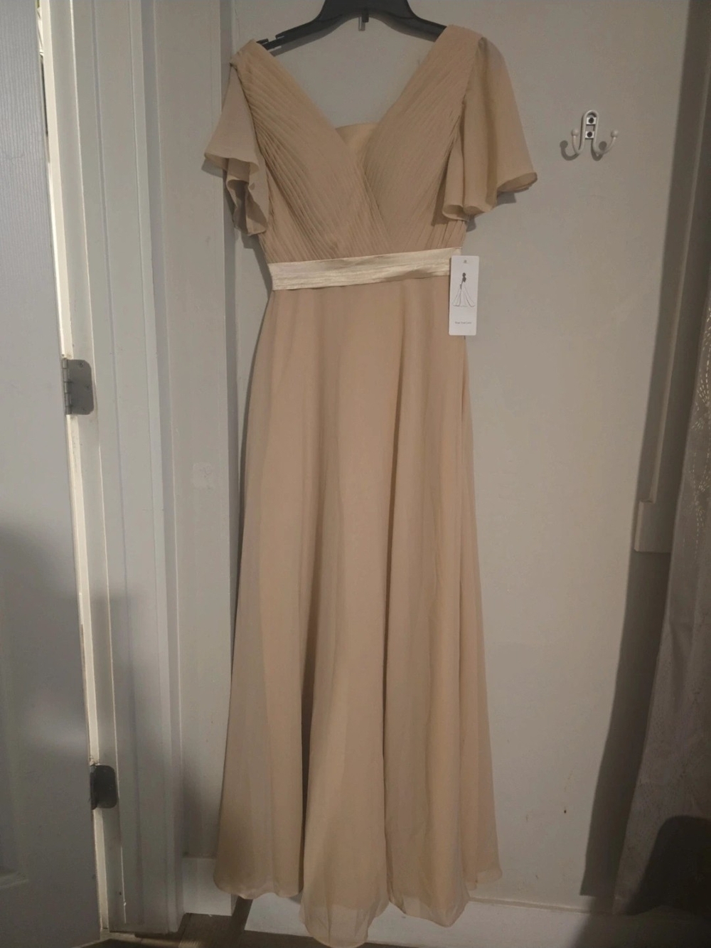 Chiffon V-Neck Maxi Dress in Beige with Satin Waistband